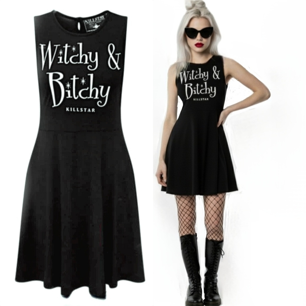 Killstar HTF Witchy & Bi$chy Graphics Keyhole Button Back Blk Skater Dress XXL